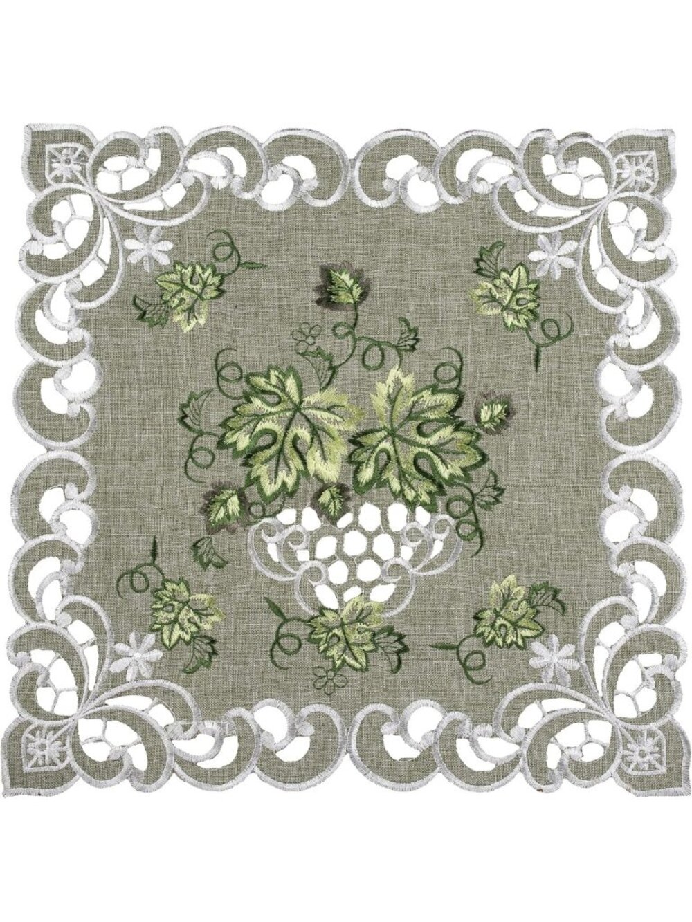 Embroidered Green Leaf Doily - Antique Green Table Centerpiece & Place Mat (16”)